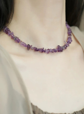 925银不规则紫水晶项链女气质小众设计百搭国风新中式锁骨链饰品