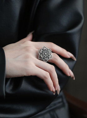 925银复古花朵镂空戒指2025可调节指环小众设计感百搭饰品