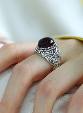 生日礼物925银复古琥珀戒指国潮