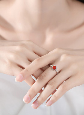 925银南红玛瑙圆形戒指新款女国潮中式复古文艺小众食指指环尾戒