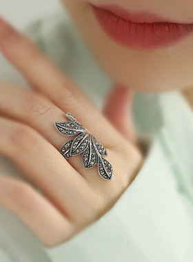 925银树叶戒指可调节指环女食指复古国风设计高级感小众百搭指环