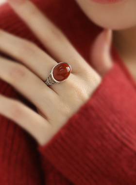 925银南红玛瑙蛋面祥云纹戒指复古小众可调节指环国风新中式礼物