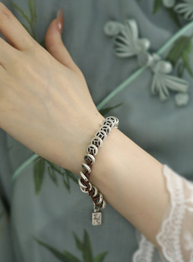 足银999复古钱币编绳手链女2025年小众气质个性百搭文艺手环饰品