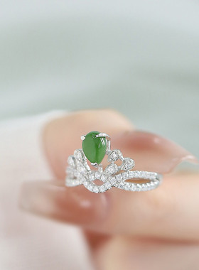S925银镶和田碧玉皇冠戒指女款华丽高贵宫廷风气质玉石指环