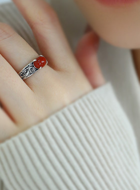 蛋面925纯银女戒指南红玛瑙古典海浪中国风民族风指环开口戒饰品