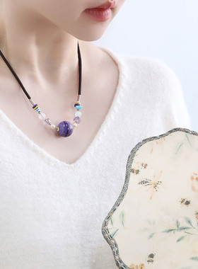 925银查罗石圆形民族风项链锁骨链女轻奢高级感国潮风毛衣链