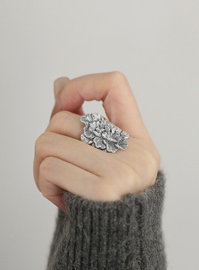 足银复古牡丹花戒指女小众设计可调节指环轻奢高级感新款爆款饰品