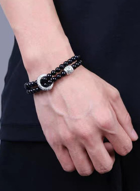 999足银黑曜岩平安扣国潮风双层手串手链女高级感