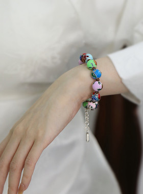 足银999彩珠十二花神珐琅手链女2025年高级感民族风小众手环饰品