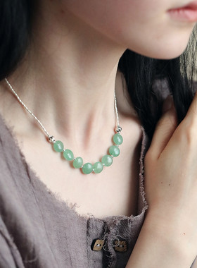 925银石英岩质玉珠珠项链女2025年简约精致新中式锁骨链饰品