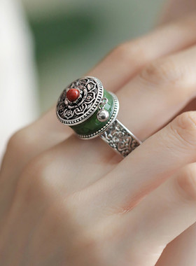 925银和田玉碧玉莲花戒指女小众设计复古国风新中式百搭指环饰品