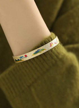 足银999祥云蝴蝶珐琅开口手镯女小众百搭民族风实心镯子手环礼物