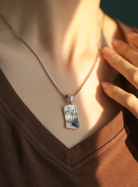 925银方牌做旧项链文艺复古