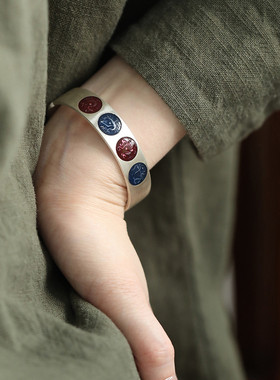 足银999磨砂纯银开口手镯女高级感4大神兽百搭民族风实心镯子饰品