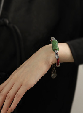 925银花朵雕刻和田玉碧玉盘缠编绳手链女复古气质个性民族风礼物