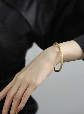 足银999珐琅描金葫芦蝴蝶开口手镯女民族风实心镯子小众设计饰品