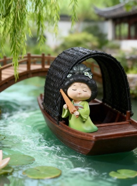 古风人物小船装饰摆件