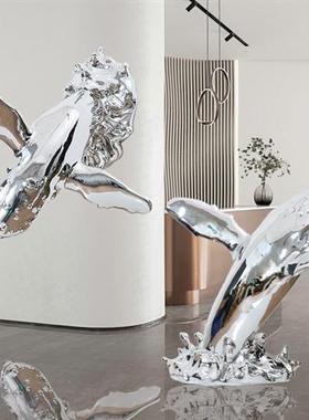 酒店大堂落地海豚雕塑艺术品售楼处别墅展厅玻璃钢电镀软装置摆件