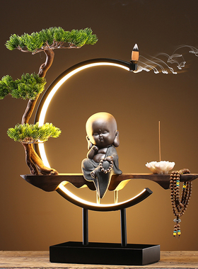 禅意中式小和尚灯圈倒流香炉创意摆件办公室客厅玄关檀香沉香薰炉