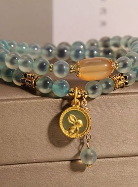 糖心蓝色玛瑙双圈手链女