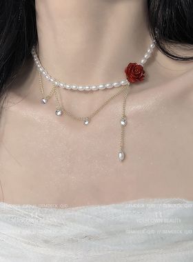 法式复古玫瑰花朵珍珠项