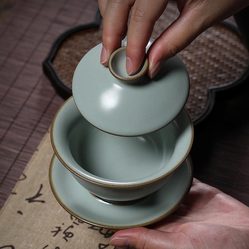 汝窑三才盖碗茶杯大号手工冰裂纹陶瓷单个不烫手泡茶功夫茶具家用-图0