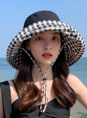 双面格子渔夫帽夏天防晒遮阳帽