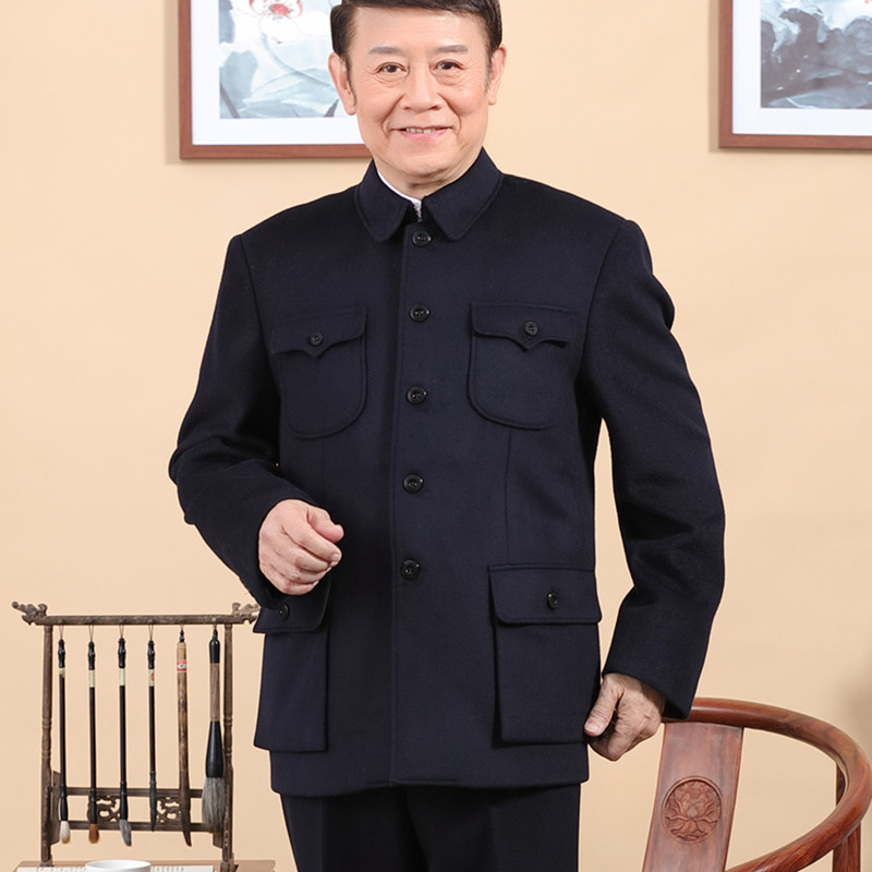 毛料中山装套装男老年人秋冬外套中老年男士中山服爷爷装羊毛呢子