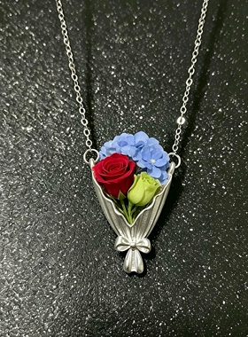 DIY插花项链波浪花束项链女款小众设计感锁骨链长款颈链配饰吊坠