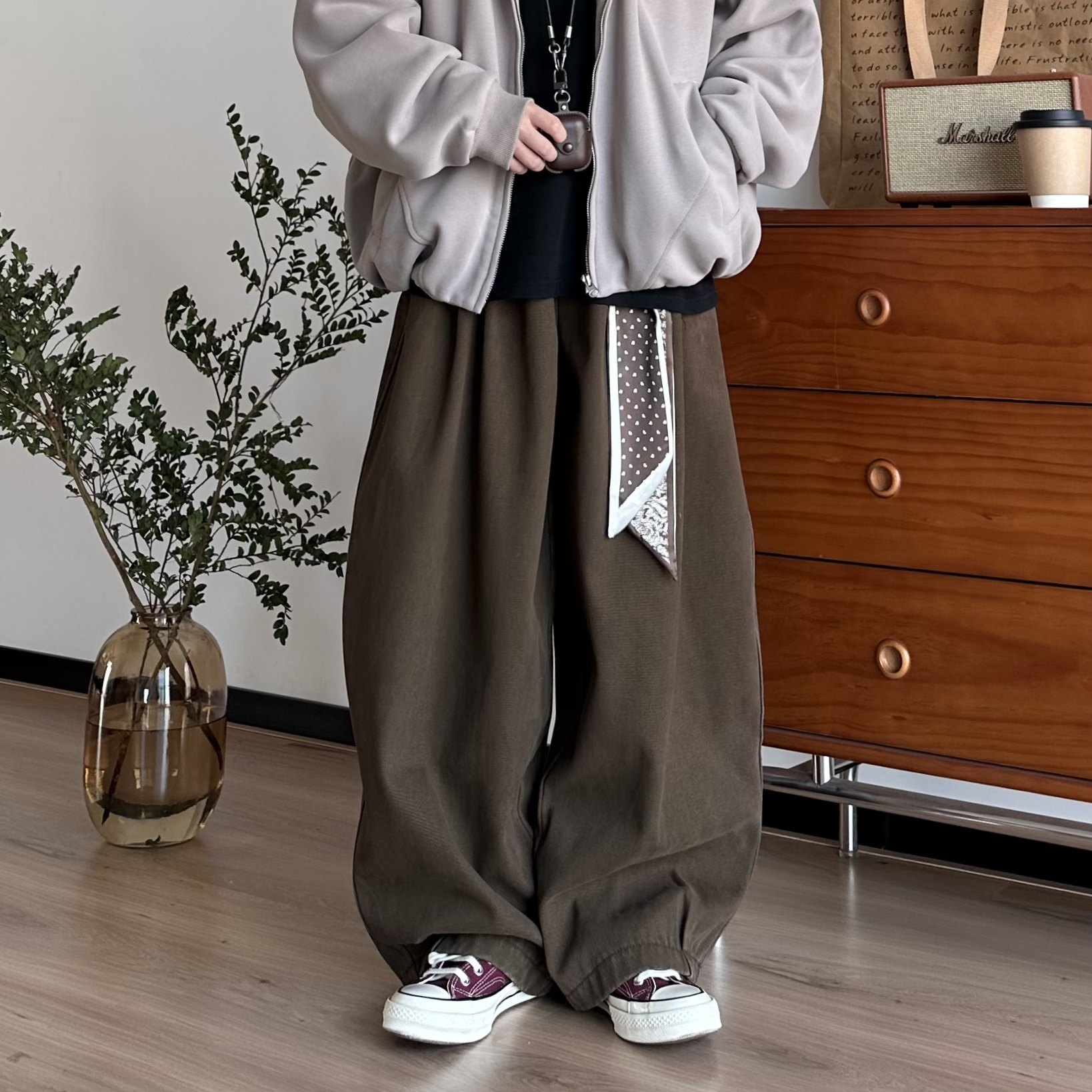 BUTQIU复古秋冬丝巾休闲裤男女加厚加绒弯刀阔腿裤垂感拖地长裤,淘宝优惠券,粉丝福利购,淘宝优惠卷