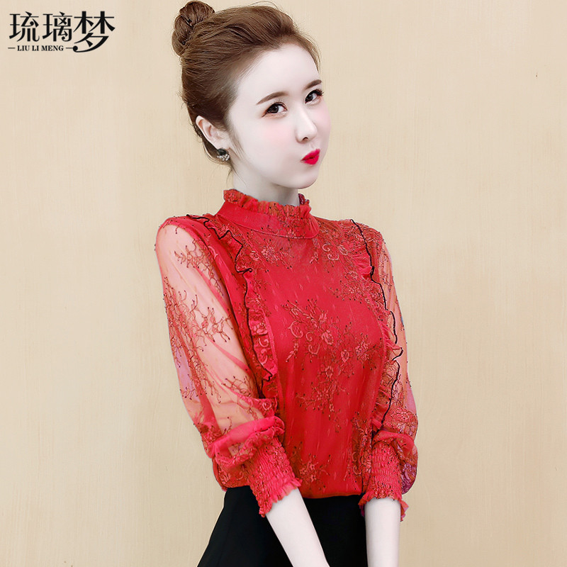 秋装雪纺蕾丝长袖洋气小衫超仙t恤 琉璃梦蕾丝衫/雪纺衫