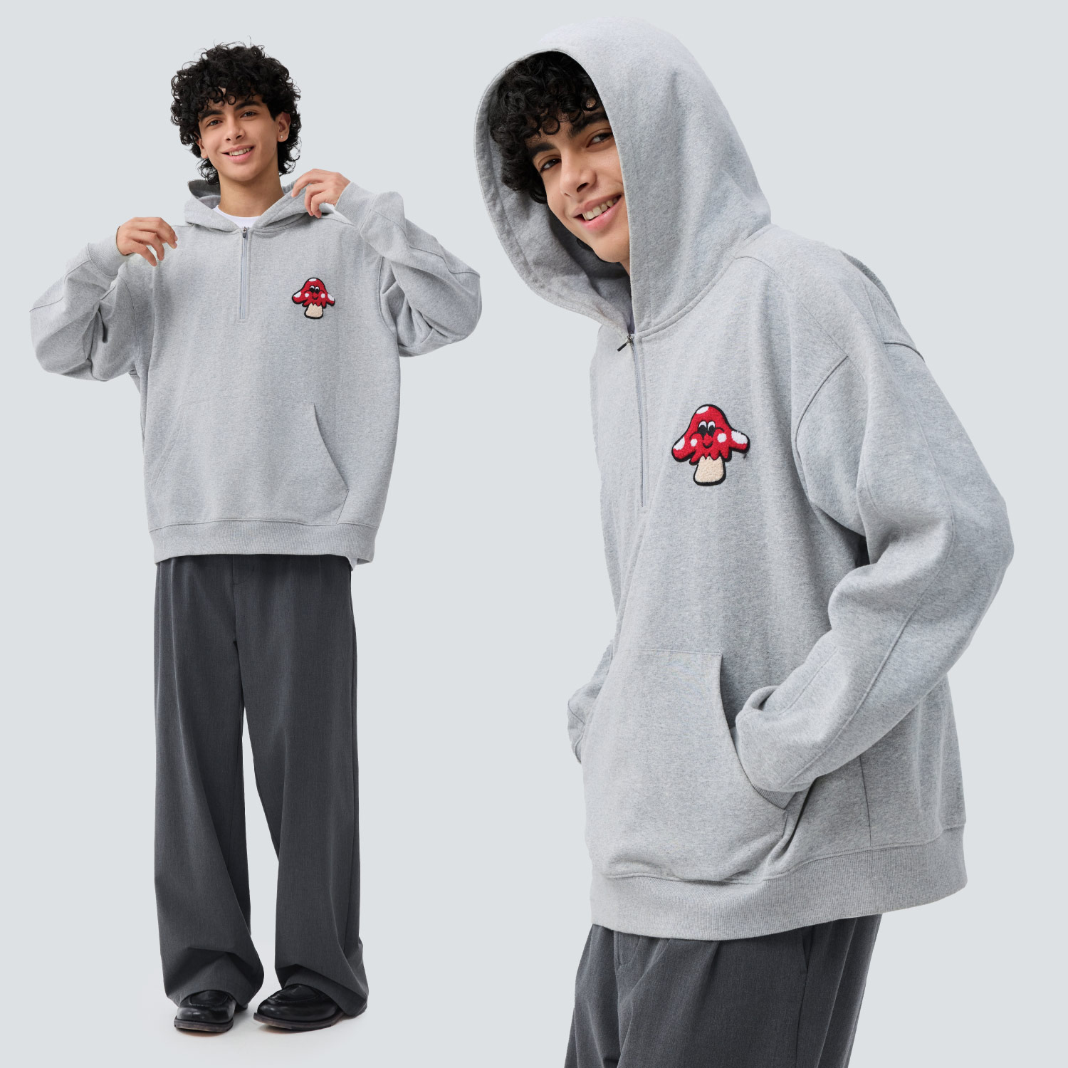 warmtrees树树脆脆乐园蘑菇毛巾绣半拉链连帽卫衣 - 图1