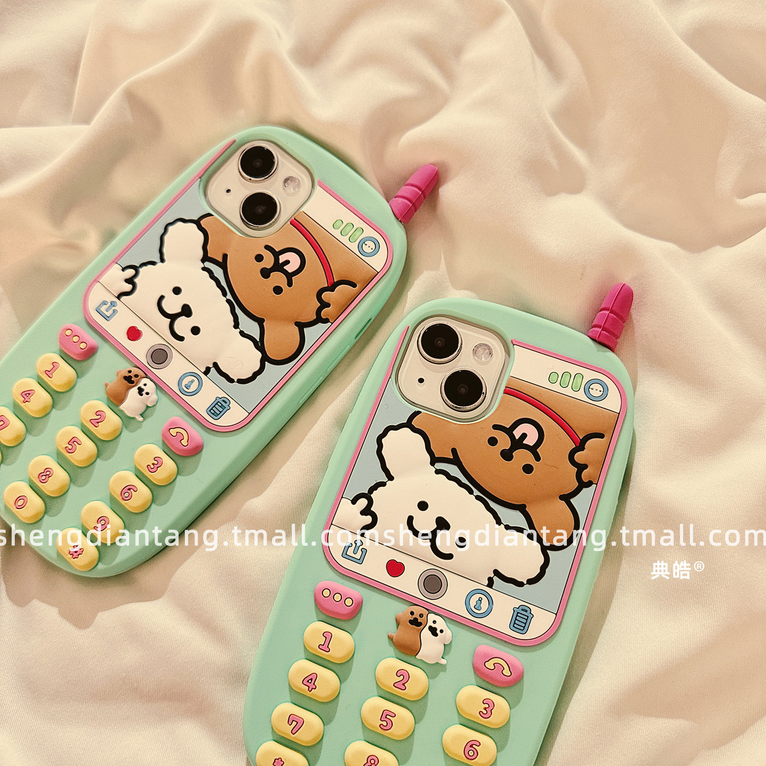 清新绿色线条小狗电话适用苹果16ProMax手机壳iphone16新款15立体14卡通13可爱女款15promax软硅胶保护套链条