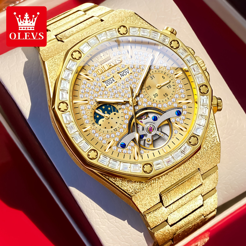 欧利时正品男士手表男款镂空全自动机械表男镶钻18K金色品牌十大 - 图0