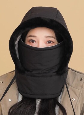 羽绒雷锋帽女冬围脖一体加厚保暖