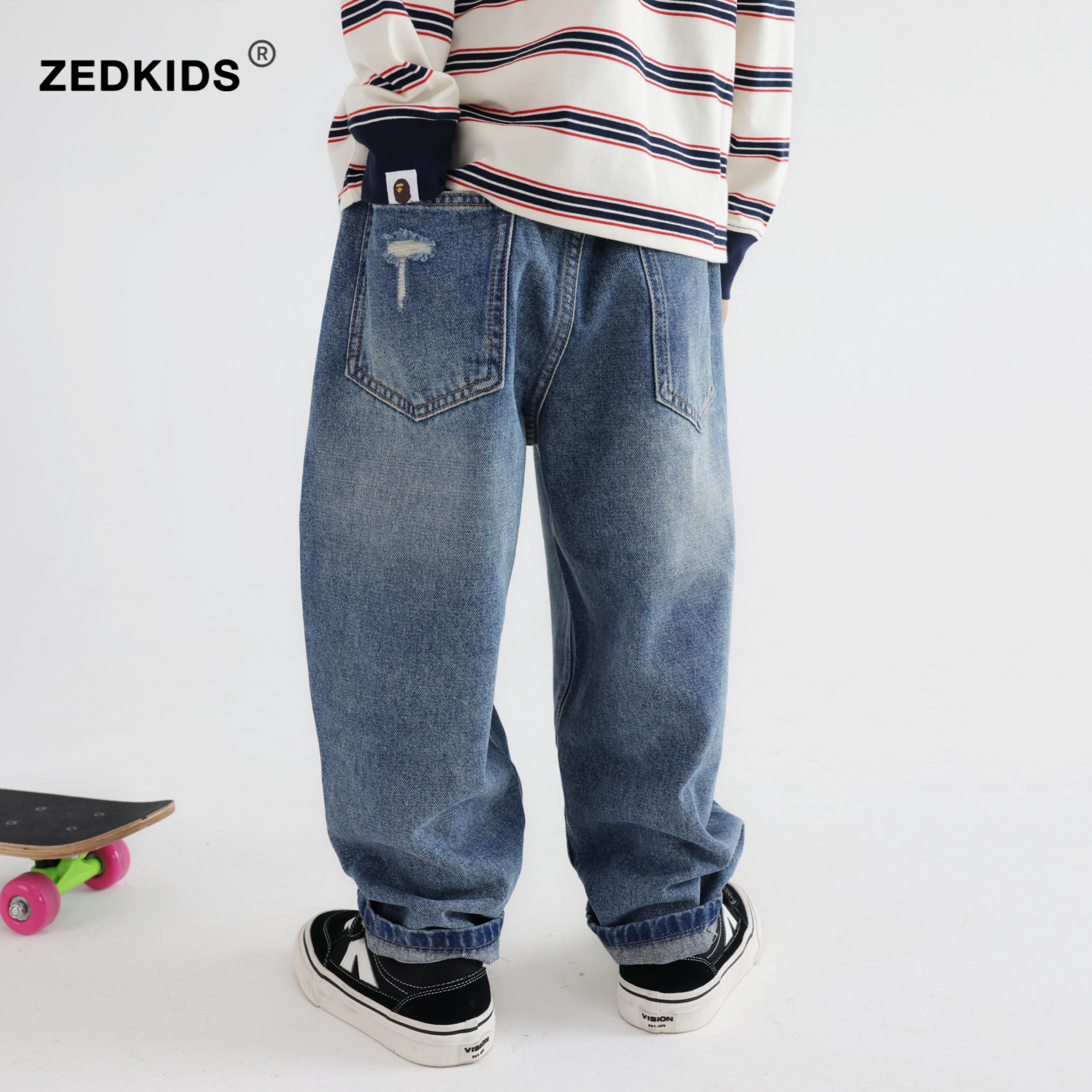 儿童牛仔裤春秋季2025新款潮酷男童猫爪破洞蓝色牛仔长裤百搭裤子,淘宝优惠券,粉丝福利购,淘宝优惠卷