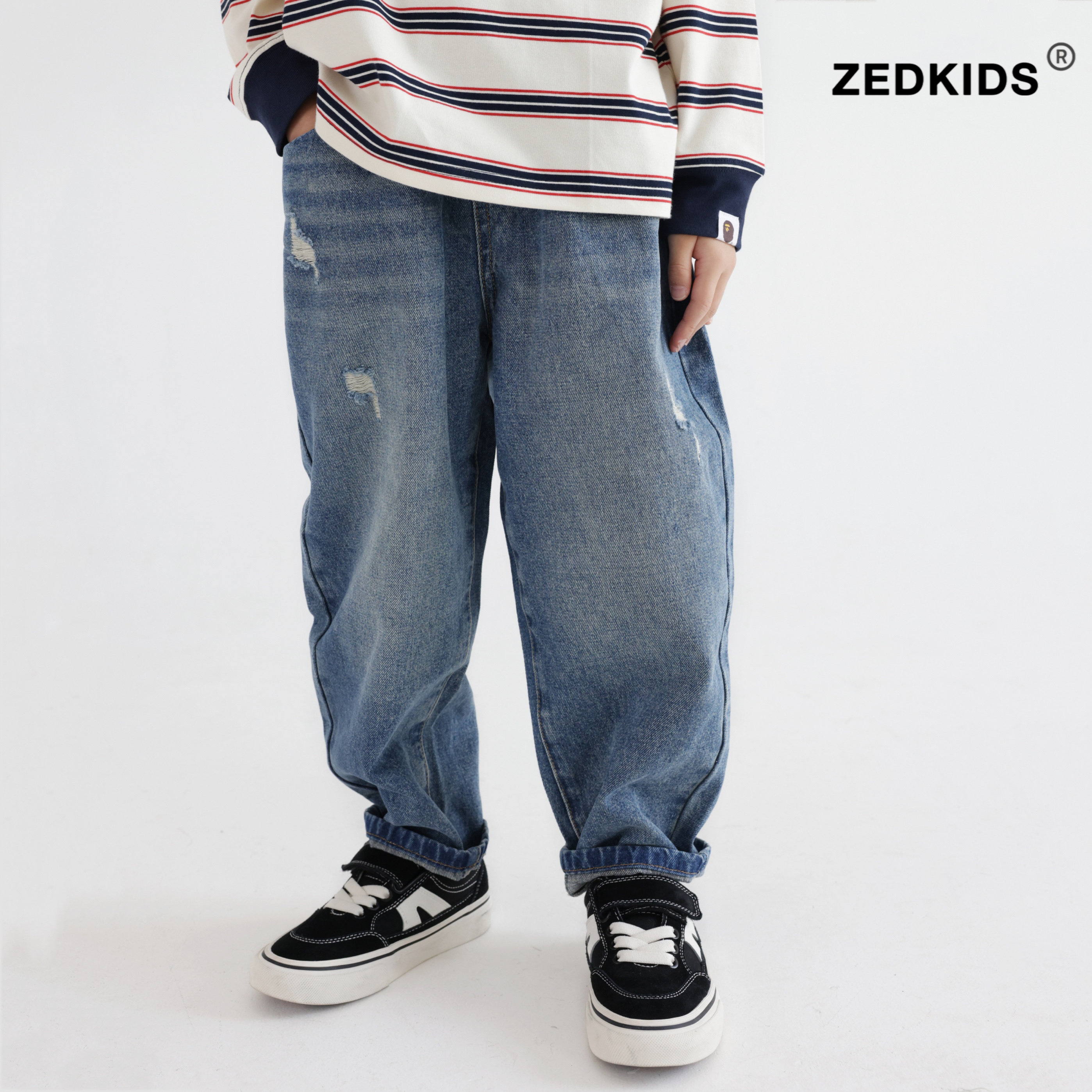 儿童牛仔裤春秋季2025新款潮酷男童猫爪破洞蓝色牛仔长裤百搭裤子,淘宝优惠券,粉丝福利购,淘宝优惠卷