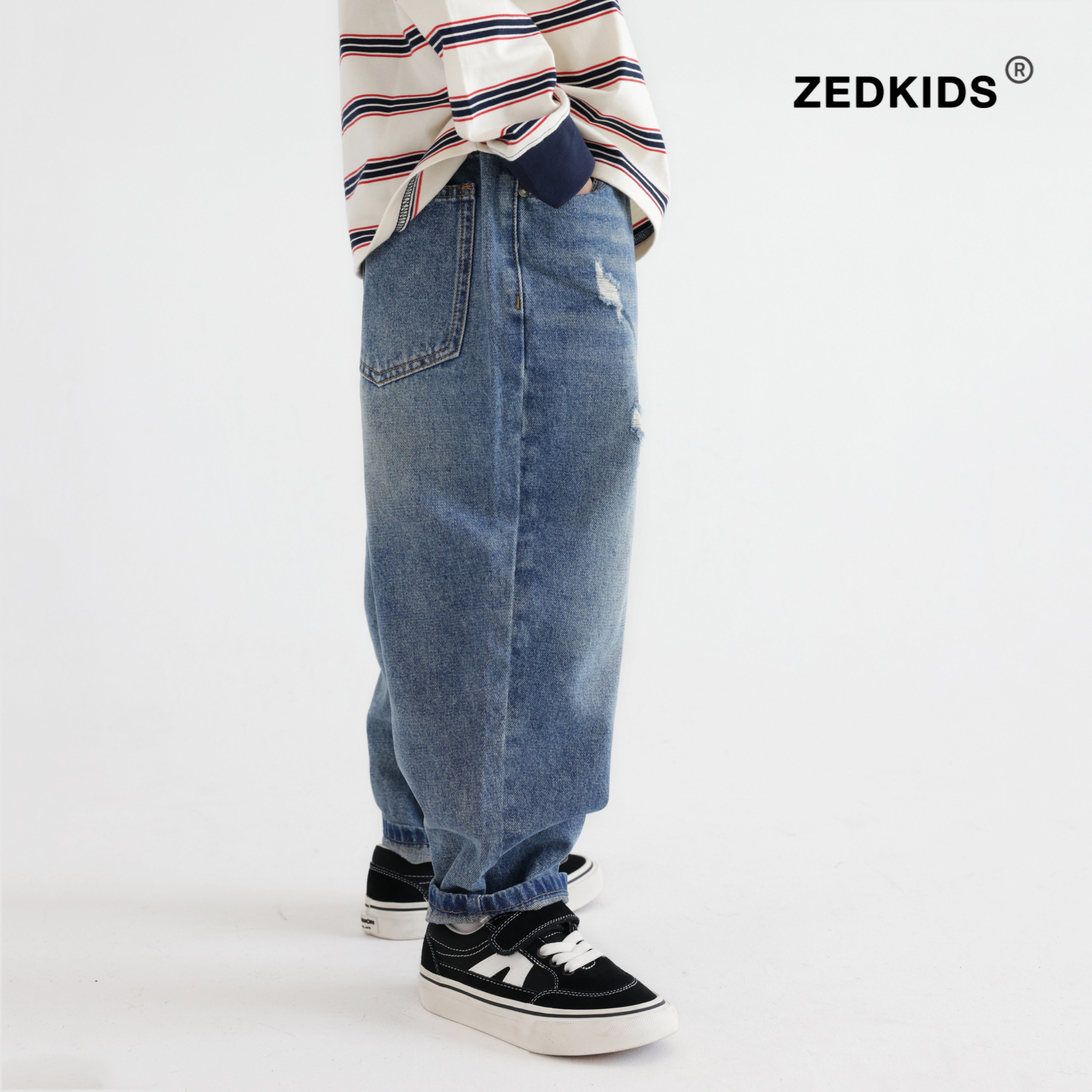 儿童牛仔裤春秋季2025新款潮酷男童猫爪破洞蓝色牛仔长裤百搭裤子,淘宝优惠券,粉丝福利购,淘宝优惠卷