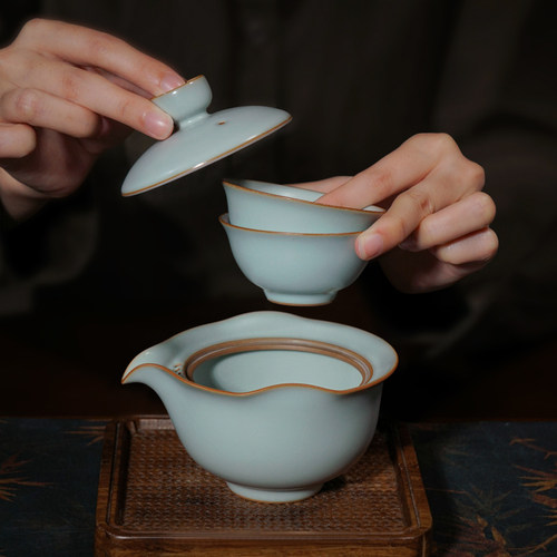 汝窑旅行茶具套装户外便携式快客杯手抓碗景德镇青瓷功夫茶具陶瓷 - 图1