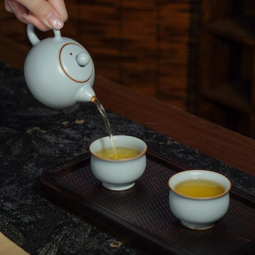 汝窑一壶二杯茶具套装高档送礼景德镇天青色汝瓷功夫茶壶西施元宝 - 图0