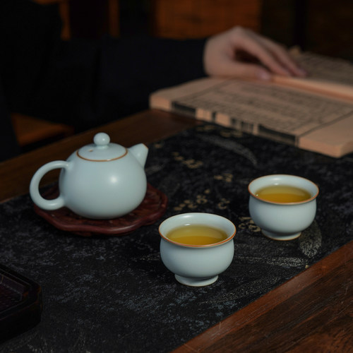 汝窑一壶二杯茶具套装高档送礼景德镇天青色汝瓷功夫茶壶西施元宝 - 图2