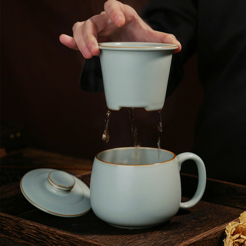 汝窑陶瓷杯带盖大容量复古杯子景德镇办公杯泡茶水杯过滤茶杯青瓷 - 图1