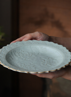 青澹汝窑摆件盘景德镇手工陶瓷