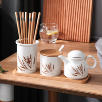 Ceramic Seasoning Bottle Tank Suit Restaurant Retro Vinegar Jug Oil Splash Hot Pepper Jar toothpick Chopstick Cylinder Salt Jar Sauce Pot