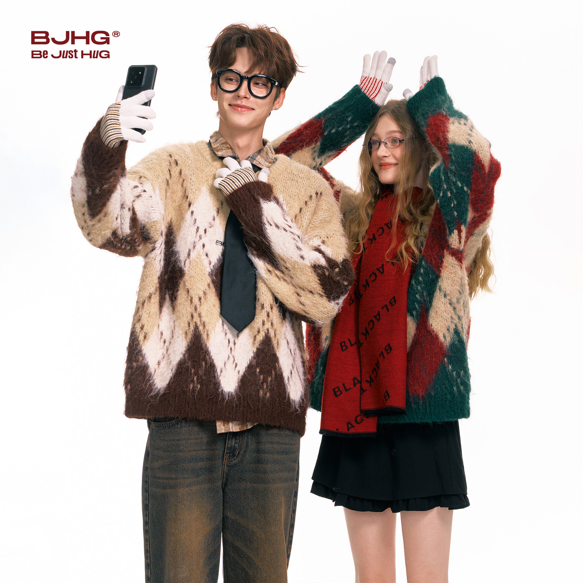 BJHG不计后果新年毛衣女冬季潮牌红色复古格子圣诞节穿搭针织衫男,淘宝优惠券,粉丝福利购,淘宝优惠卷