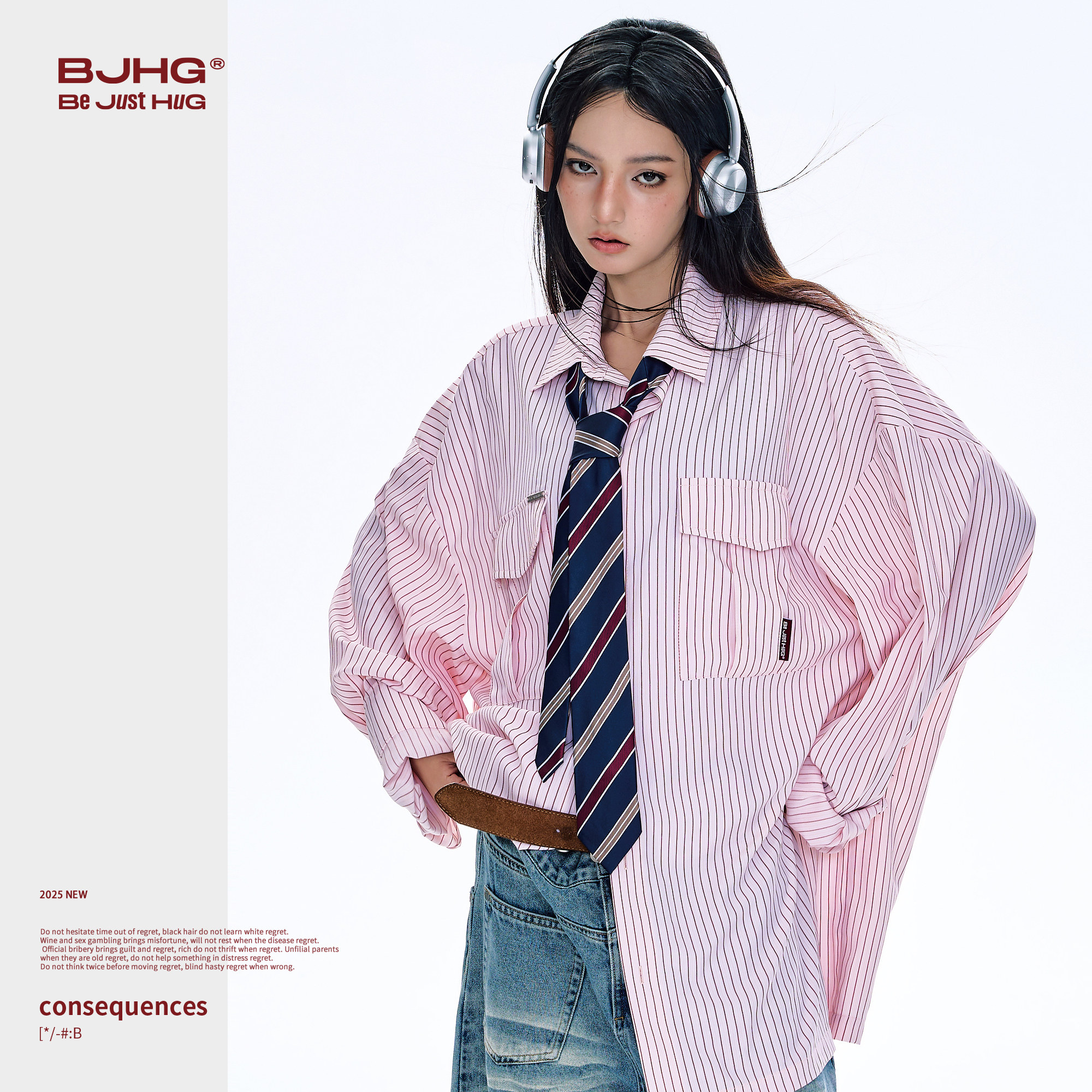 BJHG不计后果条纹长袖衬衫外套男春季新款休闲上衣百搭叠穿衬衣女,淘宝优惠券,粉丝福利购,淘宝优惠卷