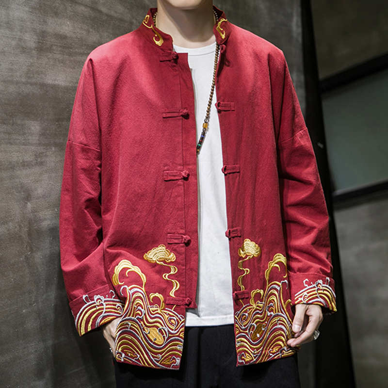 新年男唐装红色绣花复古盘扣汉服 耀普顿唐装