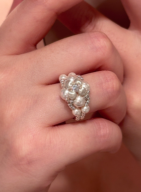 施家珍珠戒指手工猫眼银珠水钻