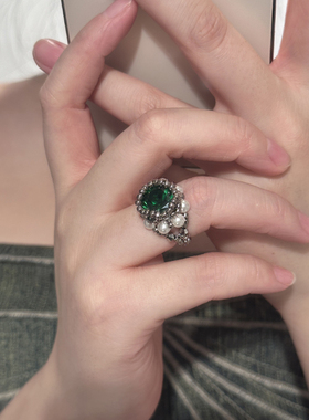 施家珍珠祖母绿戒指手工编织原创