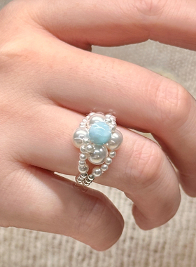 施家珍珠戒指纯银女手工编织指环串珠戒指女设计小众海纹石食指戒